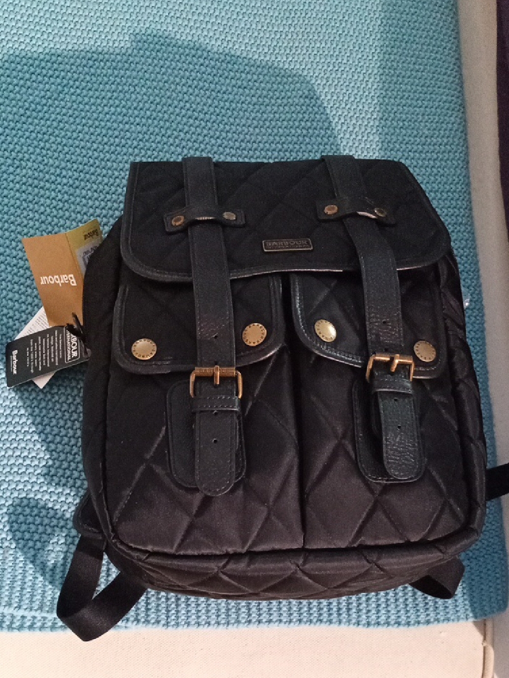 New Barbour Black Quilted Buckle Front-Pocket Backpack